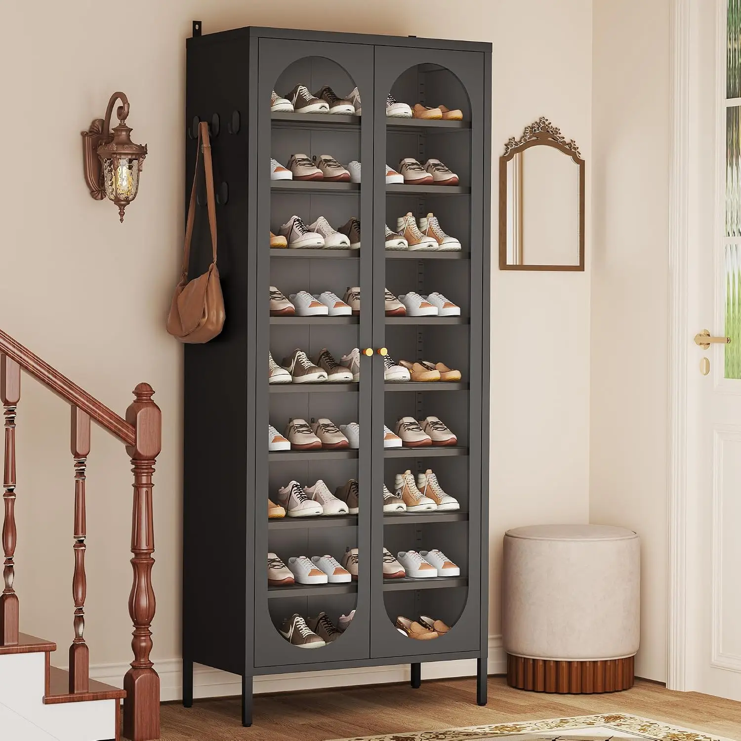 9-Tier Tall Shoe Cabinet with Glass Doors, Metal Shoes Cabinet, Black, Customized