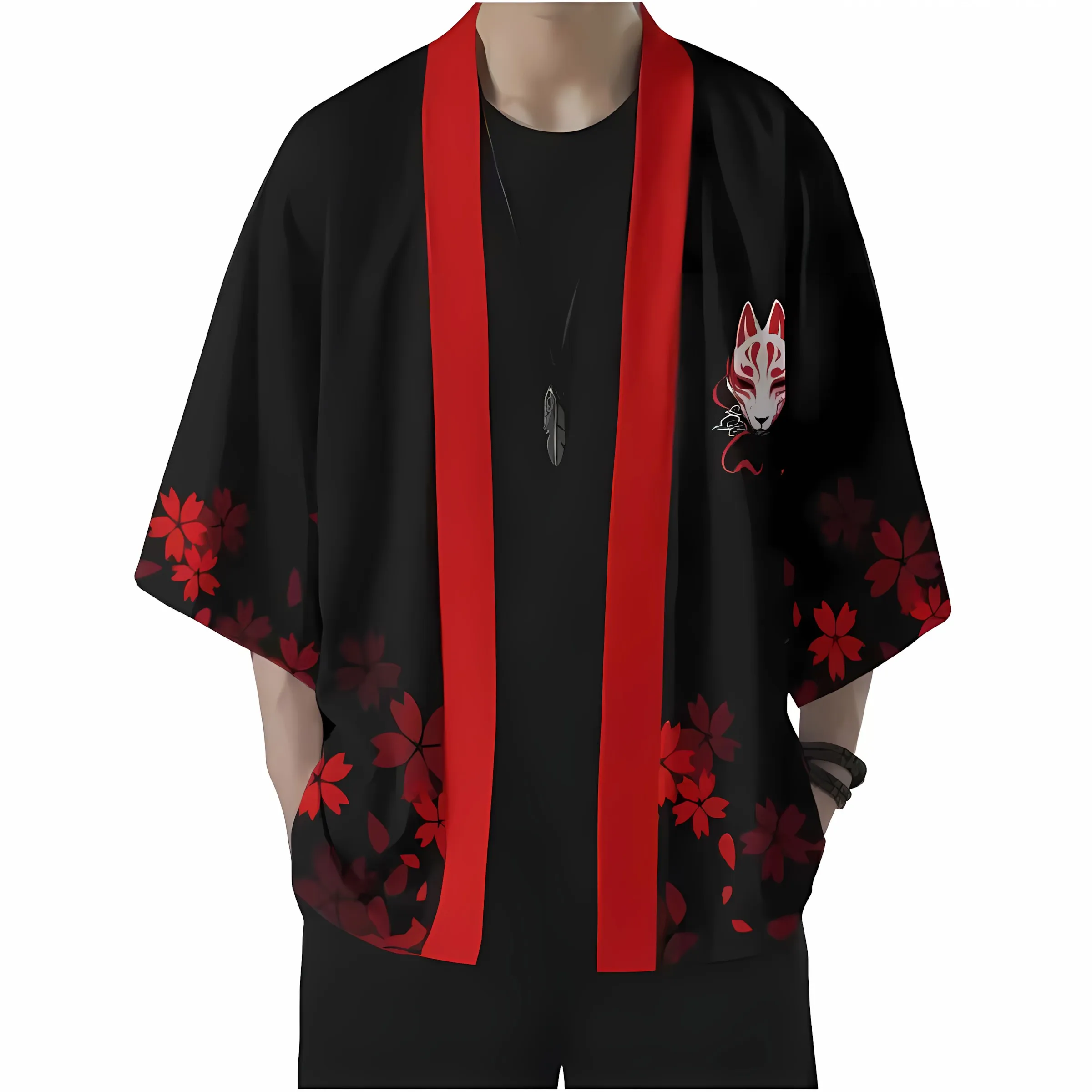 2026 Summer New Style Men's Kimono 3D Fox Mask Pattern Print Street Casual Fashion Comfort Soft and Breathable view 3