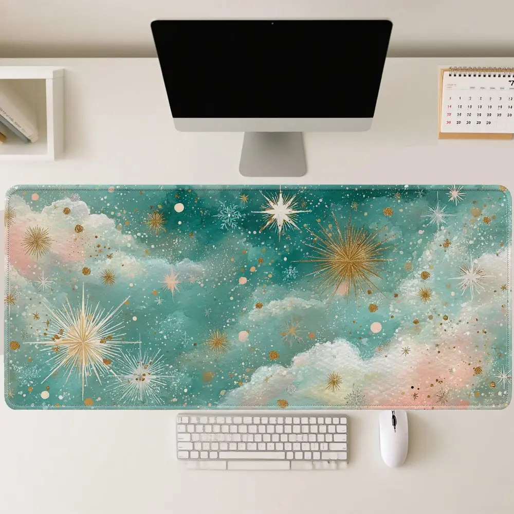 Teal Celestial Mouse Pad Extra Large Watercolor Stars and Clouds Desk Mat Gaming Office Accessory