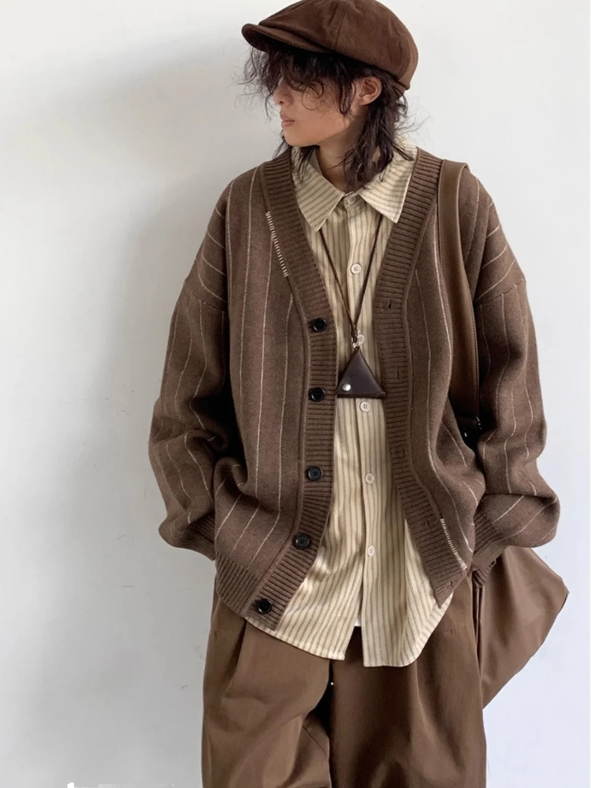 

Retro Japanese Sle Striped Open Cardigan Sweater Loose V-Ne Knitted Outerwear for Men Autumn Winter College Sle Casual ...