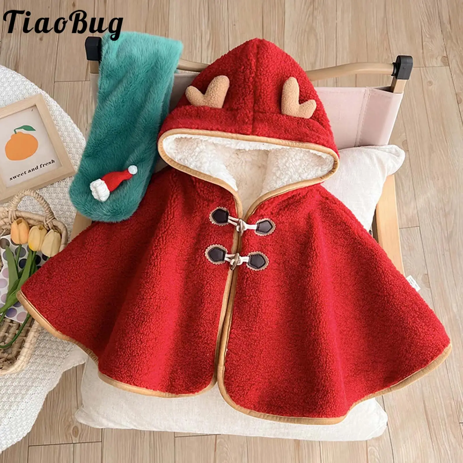 

Baby Girls Christmas Fleece Hooded Cloak Winter Warm Fuzzy Cape Coat with Scarf Infant Kids New Year Holiday Family Party Outfit
