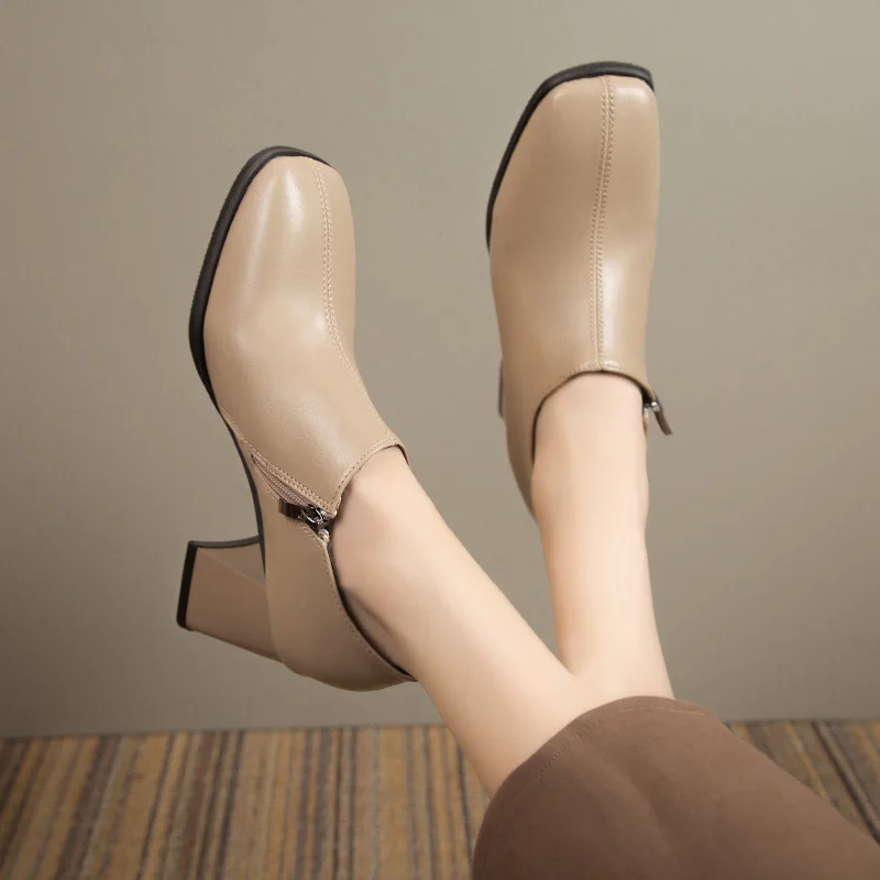 

Women's Square Toe High Heels Thick Heel Zipper Shoes Autumn Retro Women Shoes Office Professional High Heels