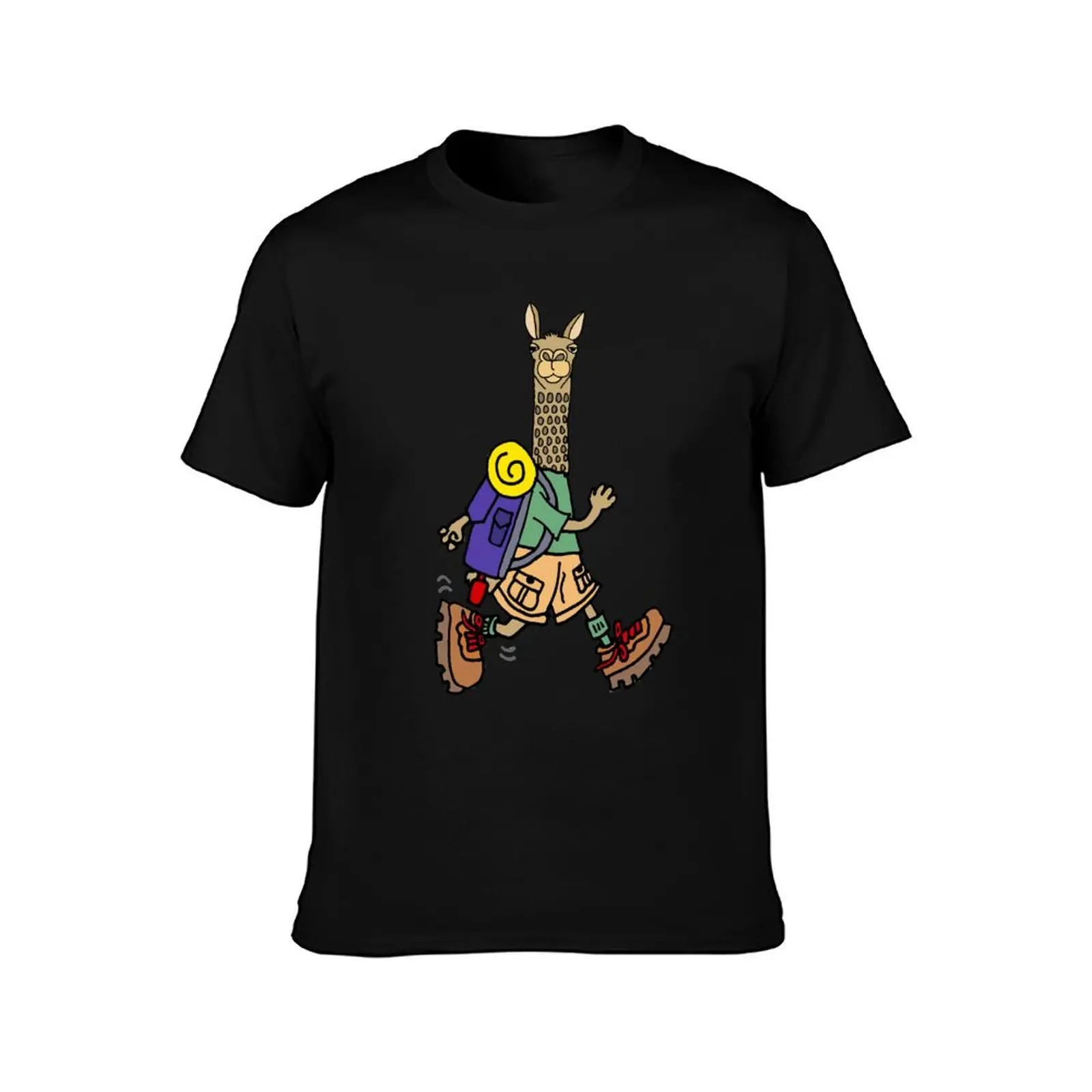 Cute Llama Hiker Cartoon T-Shirt, Summer Casual Cotton Tee, Oversized Streetwear Tops, Vintage Graphic Print, Unisex Men Women