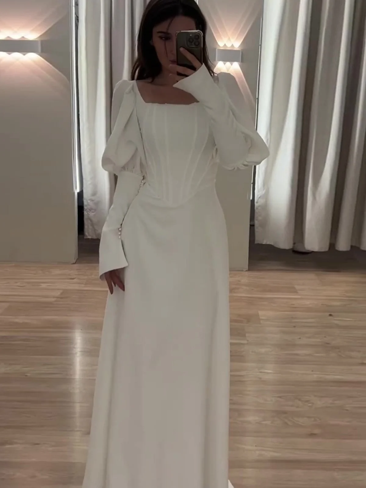 Długa sukienka damska Ele z wysokim stanem, kwadratowym dekoltem, elegancka, dopasowana, na wiosnę, jesień i zimę, codzienna.