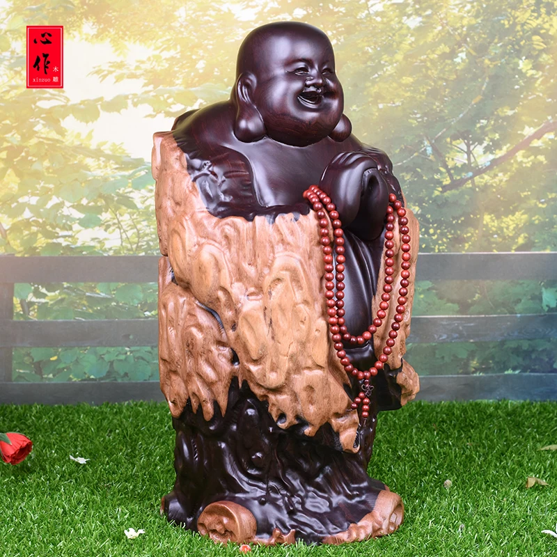 30CM Large -home Study temple efficacious Money Drawing Martial god of wealth Maitreya Buddha FENG SHUI red wood statue