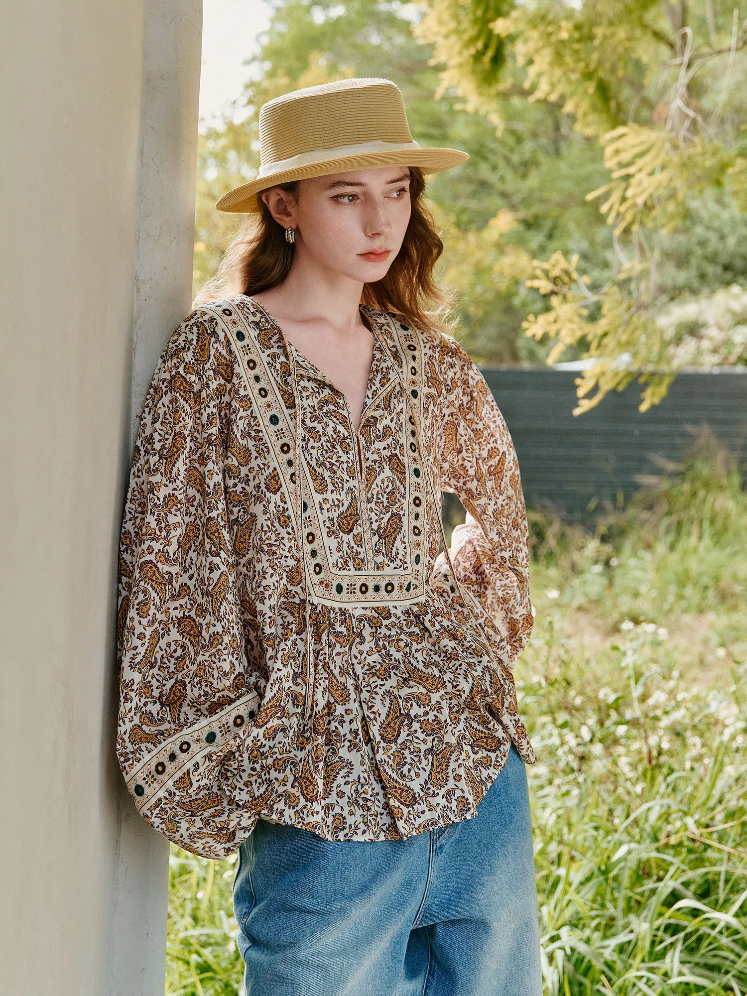 

High-Thread-Ratio Thin Cotton Shirt with Print round V-Neck Belted French Style Loose Fit Long Sleeve Breathable Summer Women...