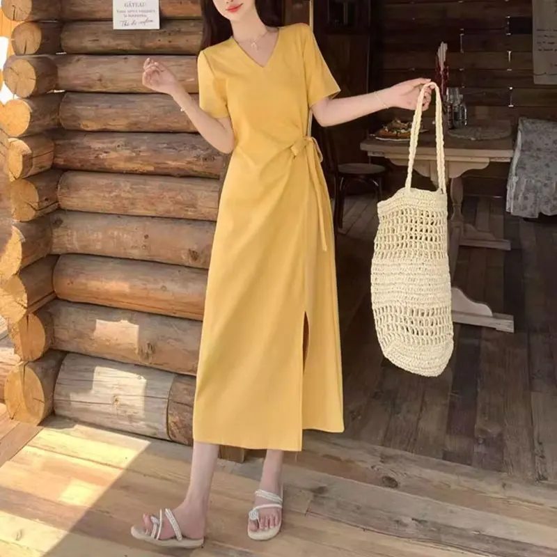 

Stylish Waist Drawstring Midi Dress Summer Solid Color Female Clothing French Style V-Neck Elegant Folds A-Line Split Dresses
