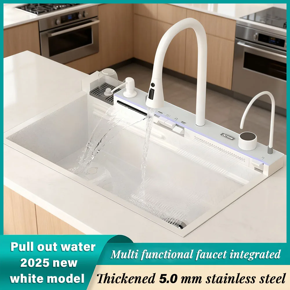 

White Dolphin Design Kitchen Faucet with Real-time Temperature Display 360° Rotation Large Home Kitchen Sink 304 Stainless Steel
