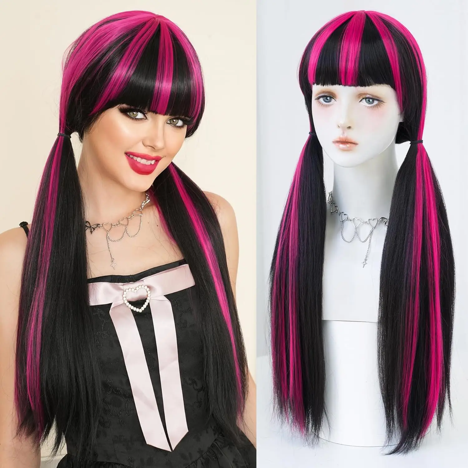 

Парик из синтетического волокна с двойным хвостиком в стиле Лолиты на Хэллоуин - черный с розово-розовыми бликами, парик для косплея