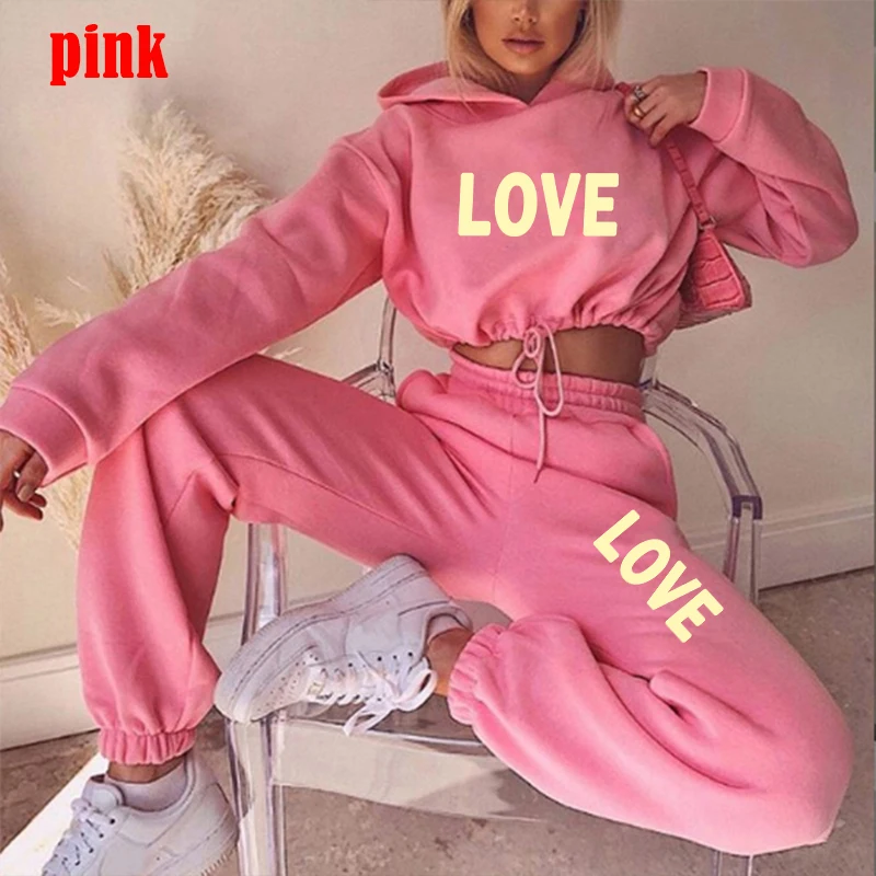 Cute LOVE Letter Print Tracksuit Women Suit Fleece Hoodies Casual Sports Wear Long Sleeved Sweater Trousers Sexy Suit