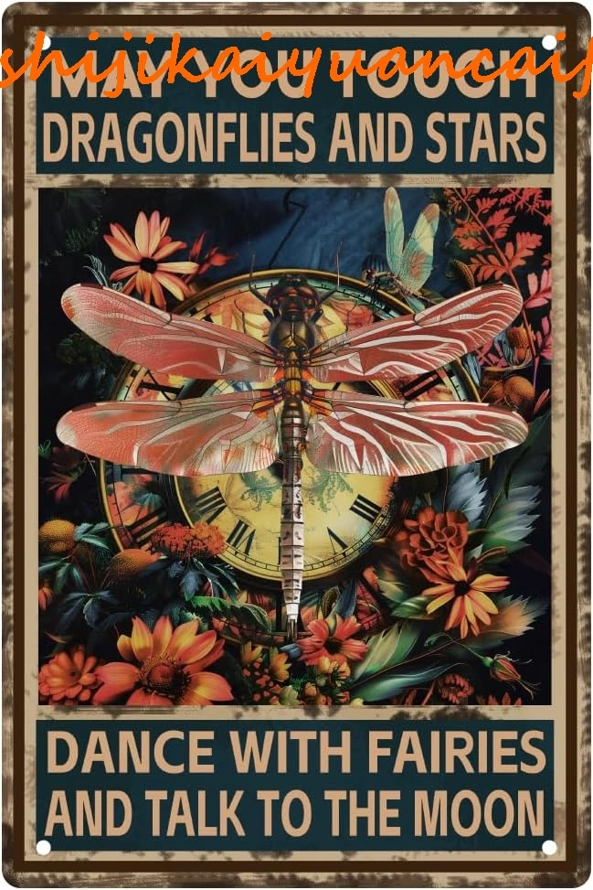 WEBEEDY Cute Dragonfly Fairy Tin Sign Retro Metal Tin Sign Vintage Style Animal Wall Art Thick Tinplate Print Poster for Bedroom