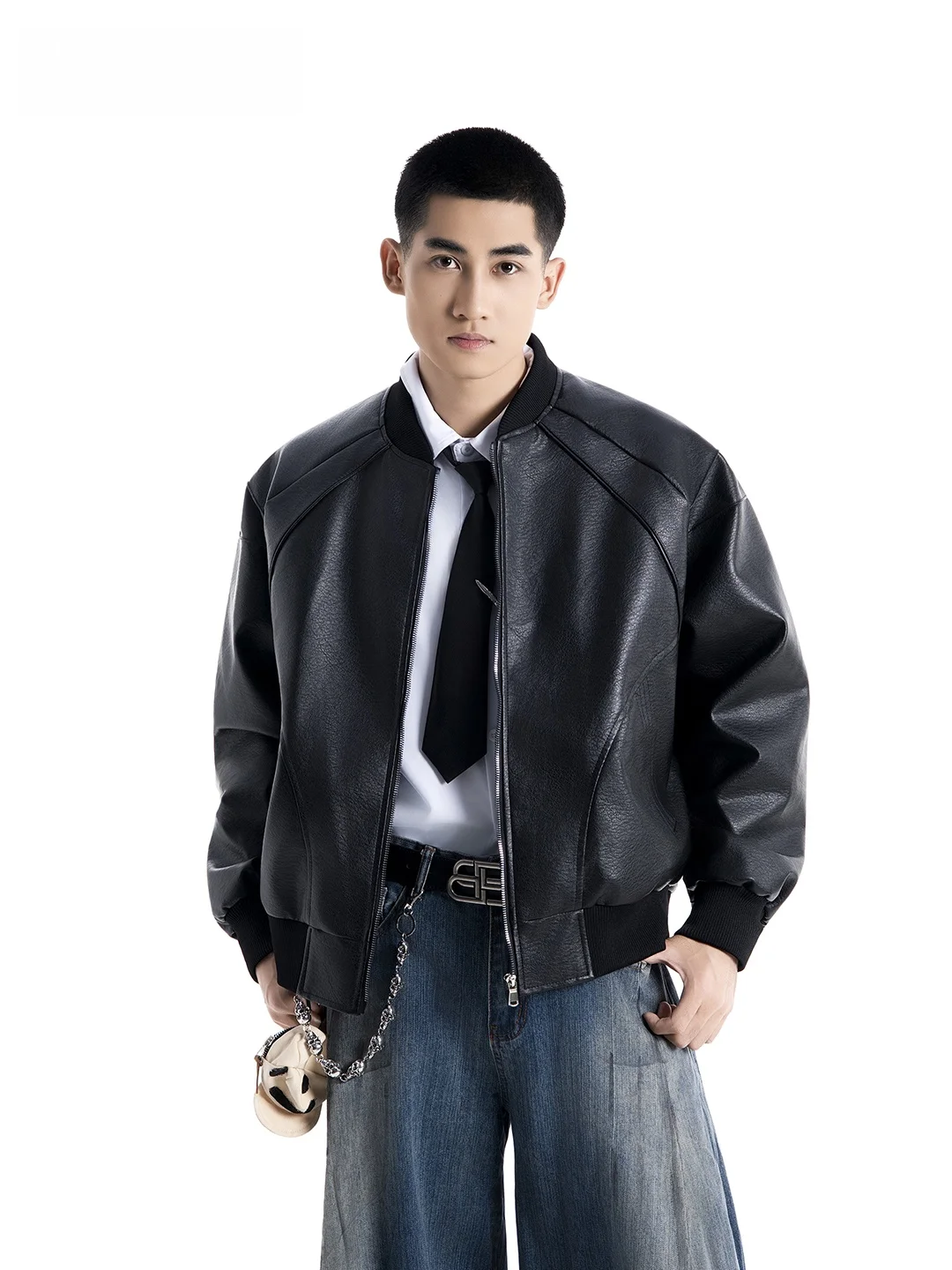 

American Retro Loose Casual Leather Jaet Men's Faion Outerwear Windproof Zipper Closure Long Sve Baseball Collar Coat