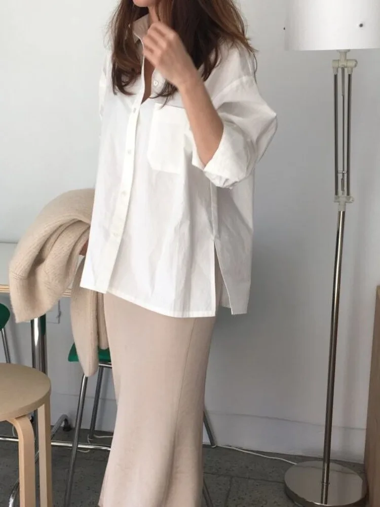 Csa de Manga Larga Estilo Básico Chic para Mujer, Cierre de un Solo Botón, Abertura Lateral, Blusa Hoada Informal para O...
