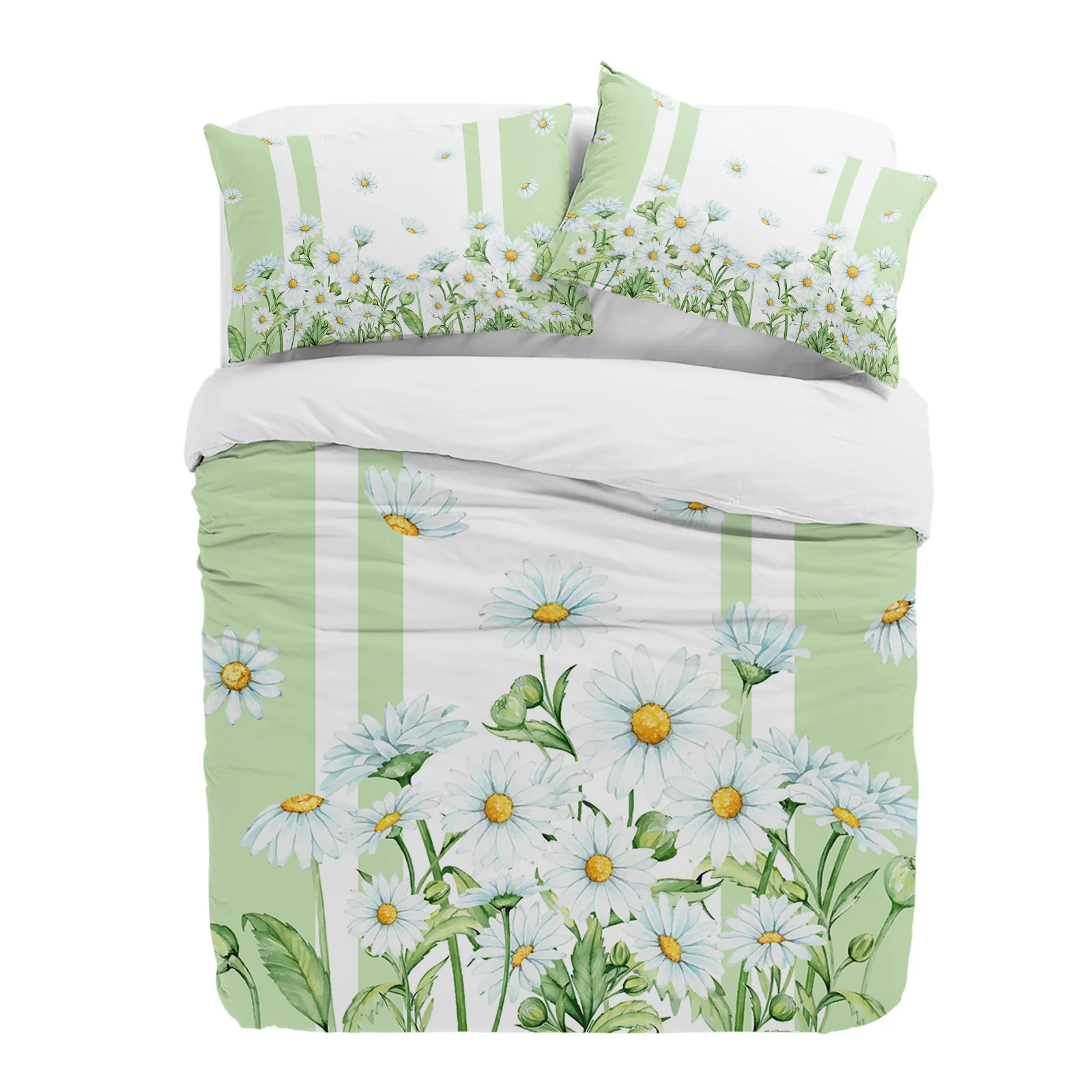 

Summer Flowers Daisies Watercolor Green 3pcs Bedding Set For Double Bed Home Textile Duvet Cover Quilt Cover Pillowcase