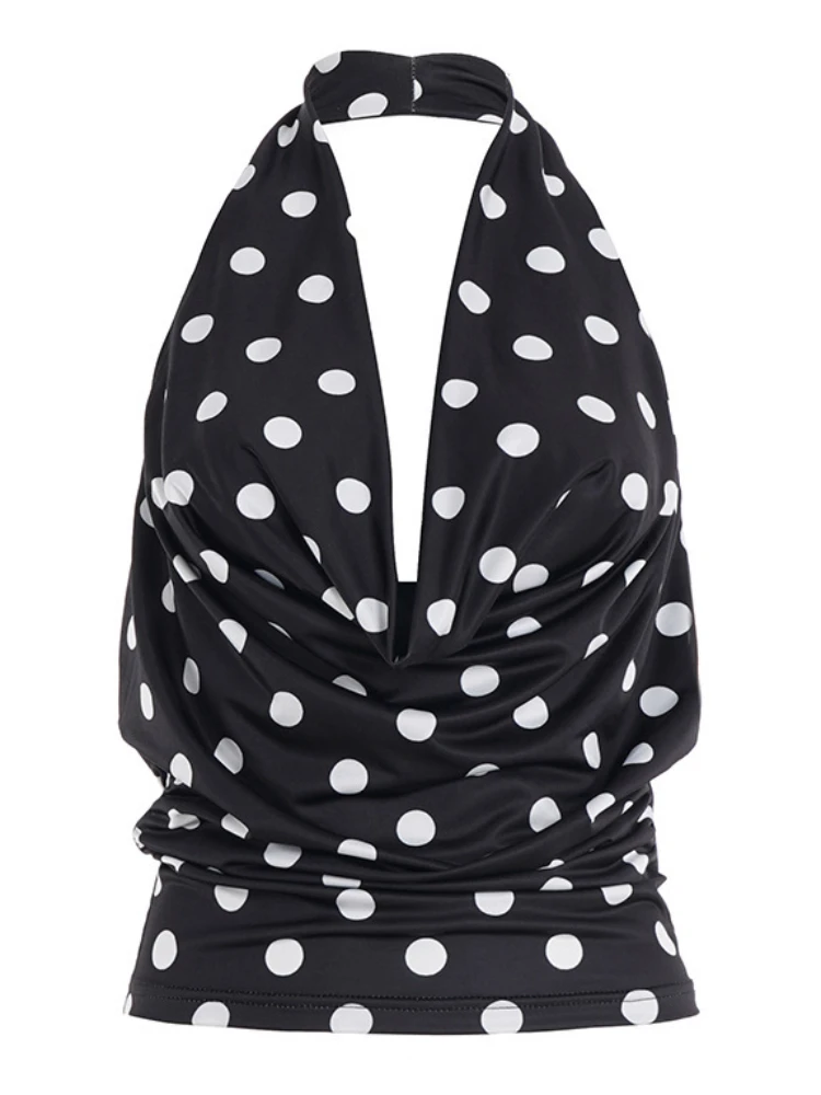 

Sweet and spicy pure desire style hanging neck, backless polka dot vest, niche design, sexy pleated waist cinching short top