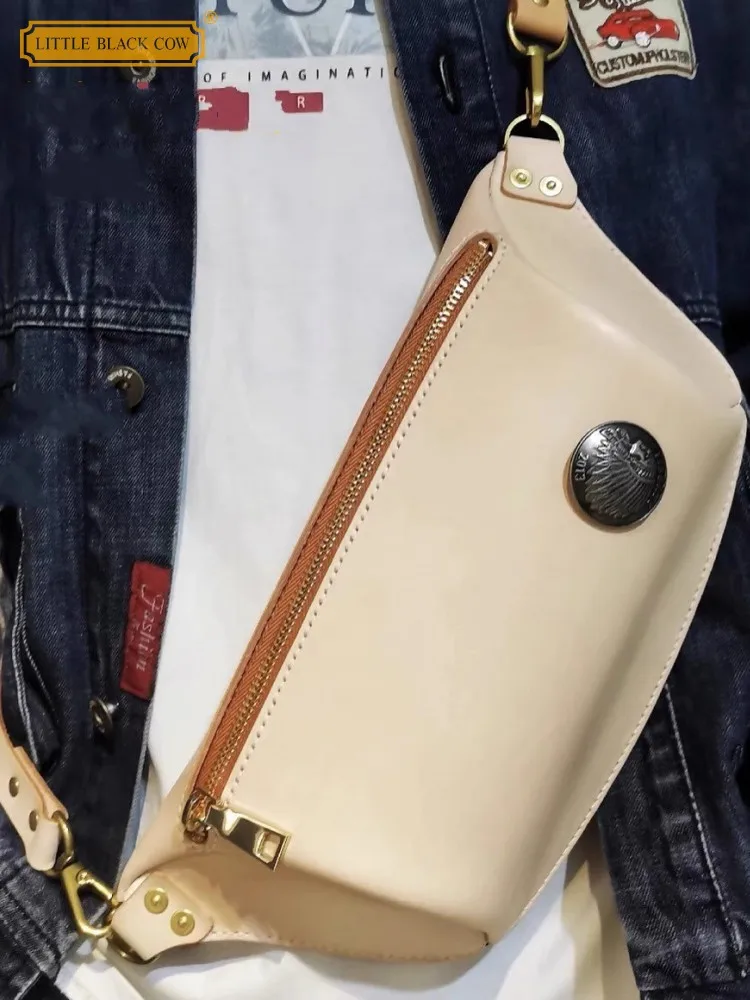 Handmade Mens Vintage Cowhide Genuine Leather Shoulder Bag New Motorcycle Biker Chest Bag Strap Sling Crossbody Bags Retro Flap