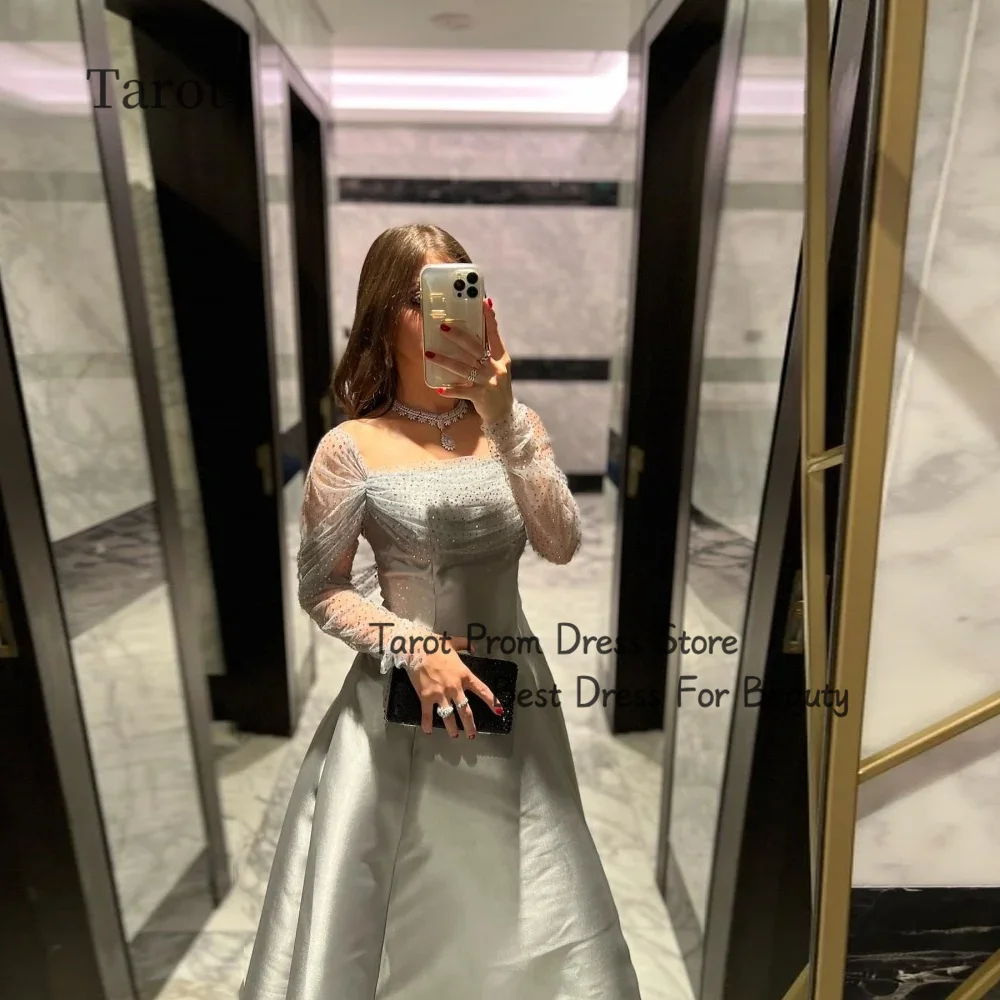 Off-the-shoulder Square-neck Prom Dresses Satin Beading Lace Long Sleeves Evening Dress A-line Knee Length Ball Gown فساتين سهرة