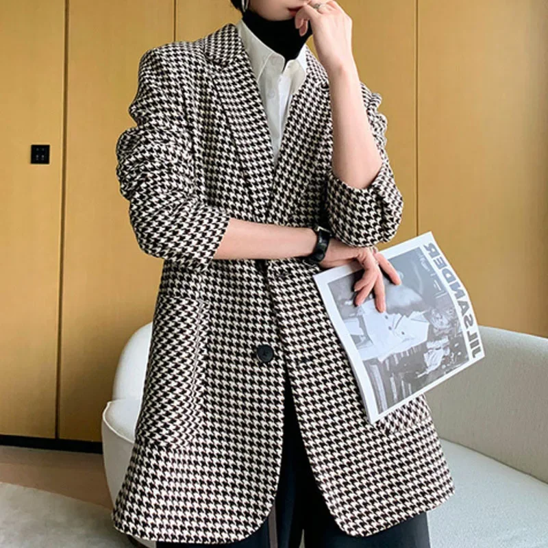 Elegant High-End Feel Woolensuit Thousand Birds Grid Women's Jacket 2024 Winter New Waist-Fitted Overcoat Stylish Versatile Tren