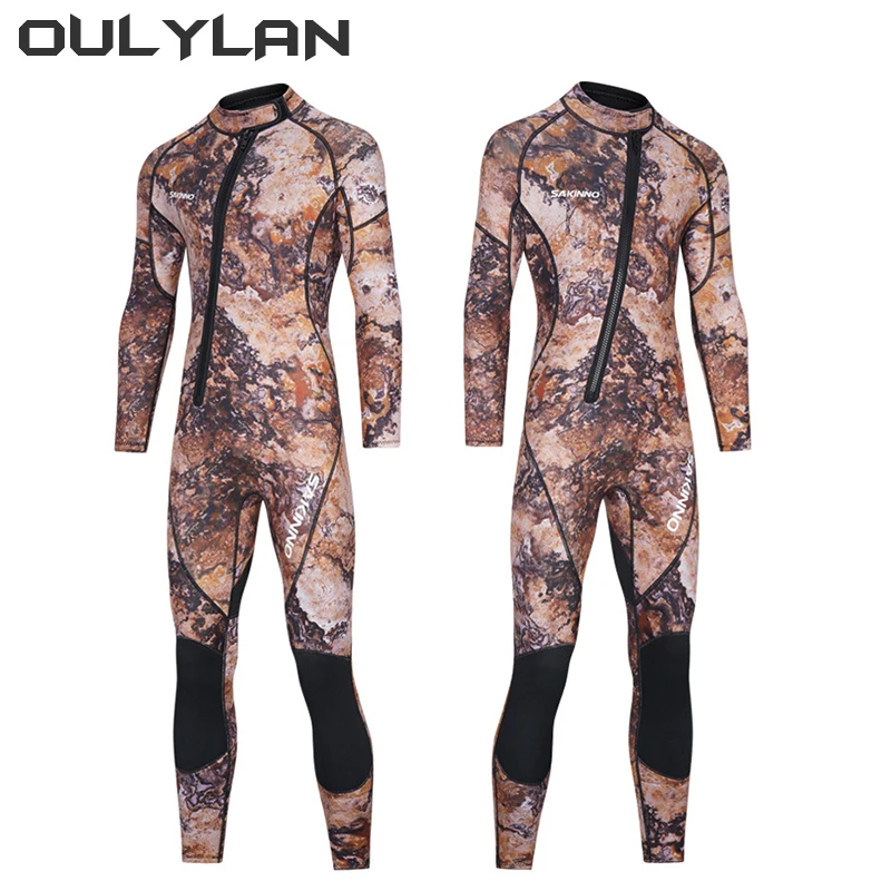 Oulylan Men's Camouflage 3mm Neoprene Diving Suit Back Zip Long Sleeves Keen Warm Thickened Spearfishing Men Wetsuit for Surfing