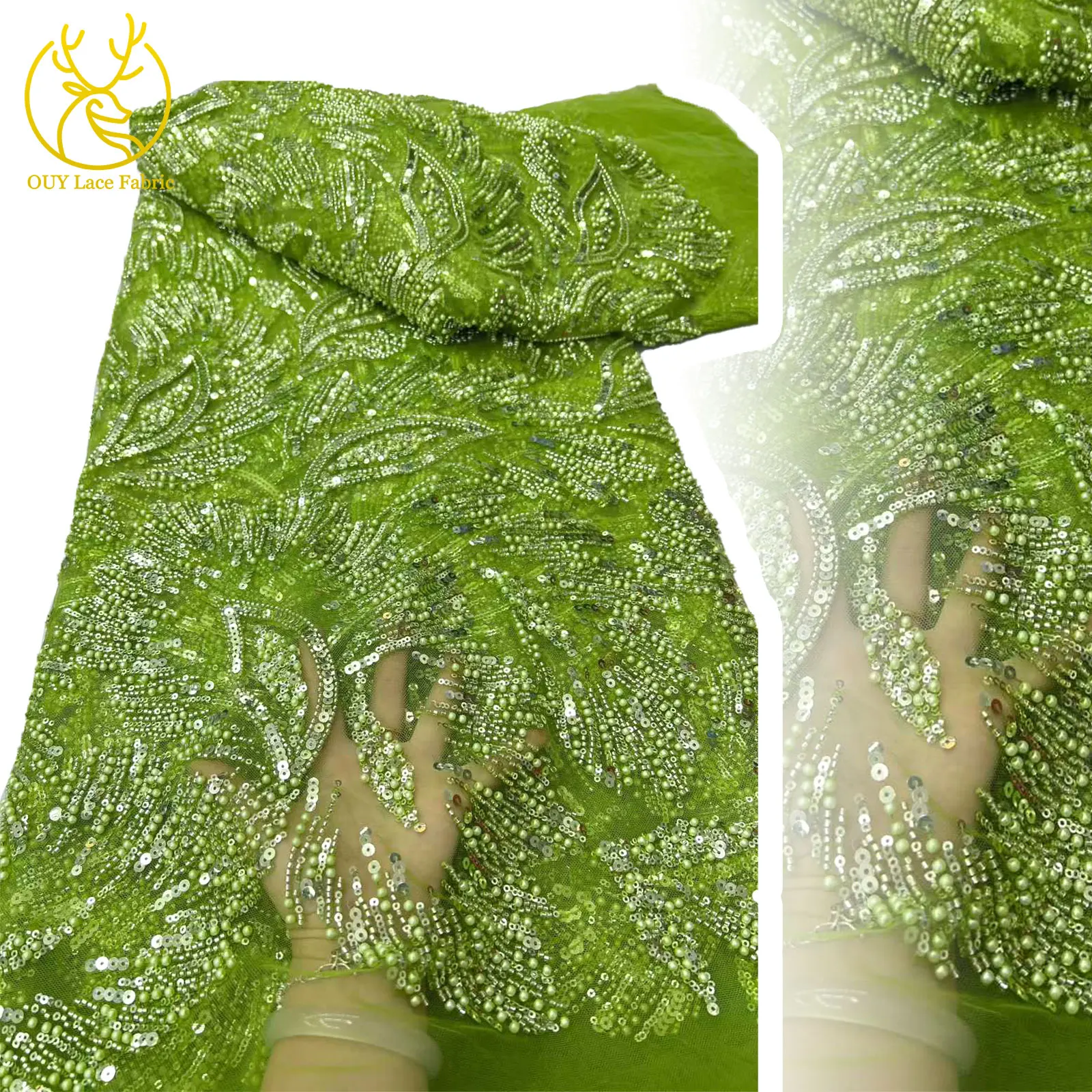 

Green African Beaded Lace Fabric French Nigerian Groom Embroidery Sequin Lace Fabric For Ladies Dinner Wedding Material 5 Yards