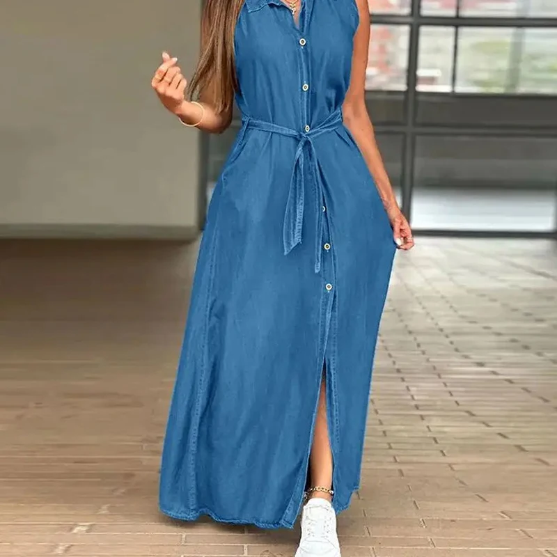 

Summer Ladies Lapel Solid Shirt Dress 2024 Elegant Sleeveless Lace Up Long Dress Fashion Single Breasted Split Commuter Dresses