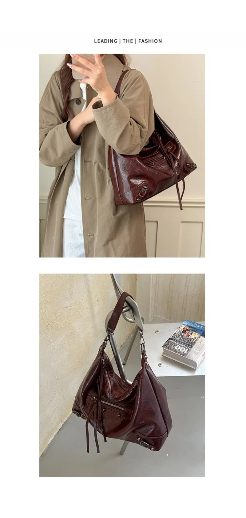 CEEKAY Damen Hobo-Tasche, Schwarz, Glänzendes PU-Leder, Große Schulterhandtasche mit Reißverschluss-Detail, für den täglichen Arbeitsweg, Casual, Minimalistisch – Detail 7