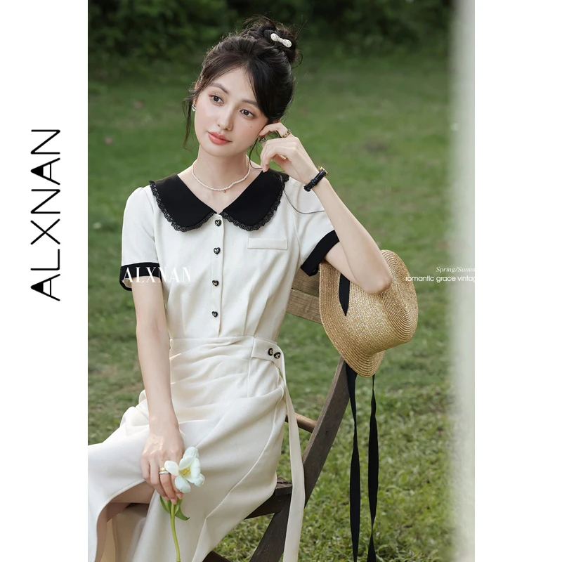 

ALXNAN Long Dress 2026 Summer Peter Pan Collar Waist Slim Slit Women's Dress Elegant Holiday Office Female Clothing QYM002571