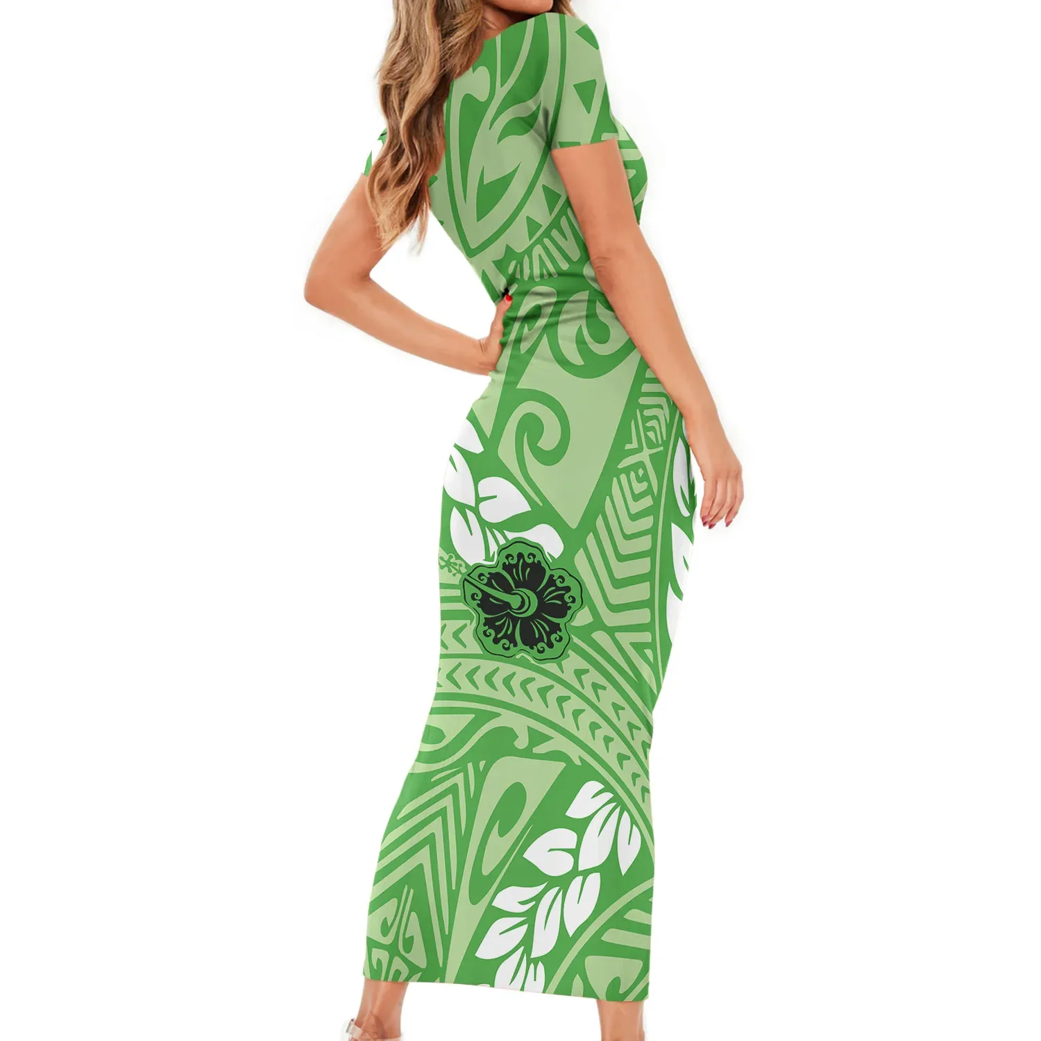 Women's Tattoo Prints Sexy Bodycon Dress, Casual Island Dress, White Robe, Polynesian Tribal Clothing, Hawaiian and Frangipani