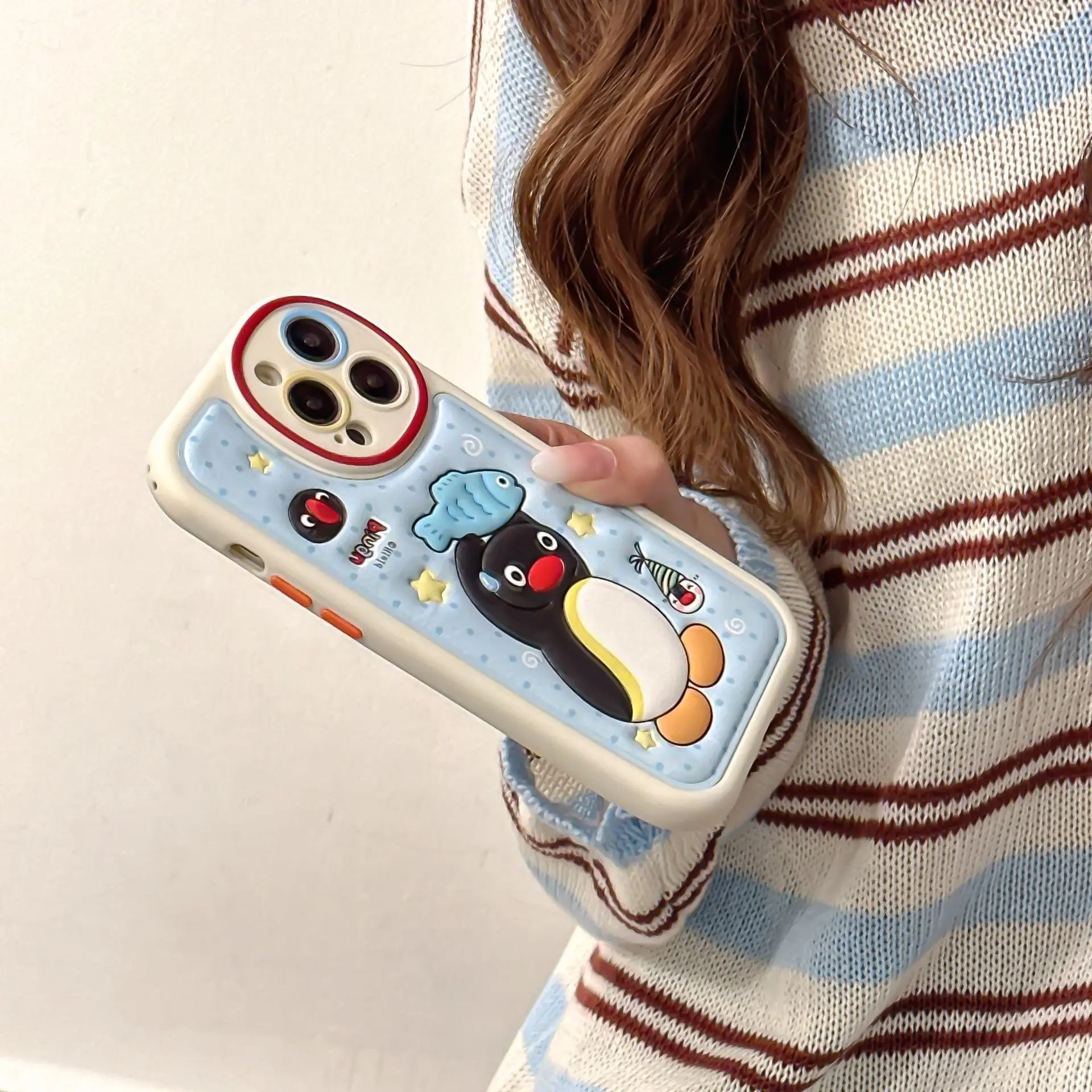 Cute Blue Fish Catching Penguin Bizarre Creative Skin Pattern Soft Shell Suitable for IPhone 16 Promax Pro15 Pro1413 Phone Case