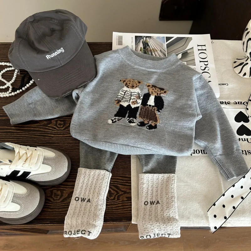 

Children's Clothing2025New Autumn Girls' Cartoon Bear Sweater and Children's Push Push Socks Leggings Two-Piece Set Trendy