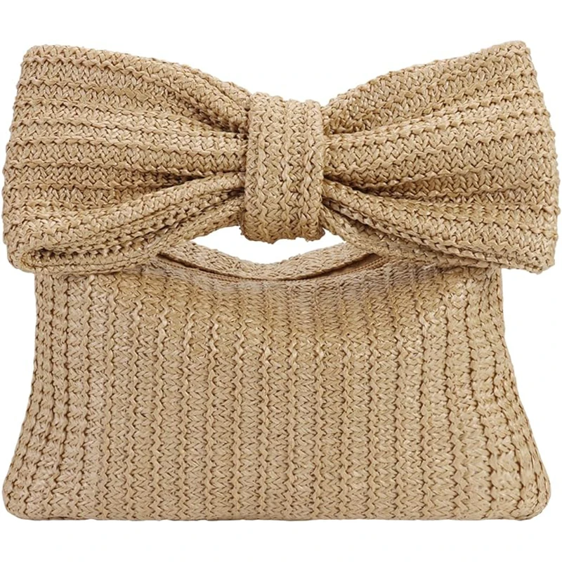 Hand-Woven Bow Straw Purse 2024 Trend Women's Bag Summer Beach Clutch Handbags Tote Woven Evening Bag for Parties Wedding Travel