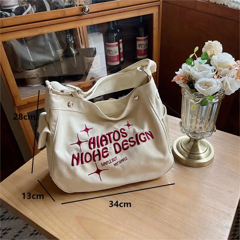 Fashion Canvas Women Tote Bags Simple Letter Embroidery Shoulder Bags Ladies Large Capacity Hand Bags College Students Schoolbag