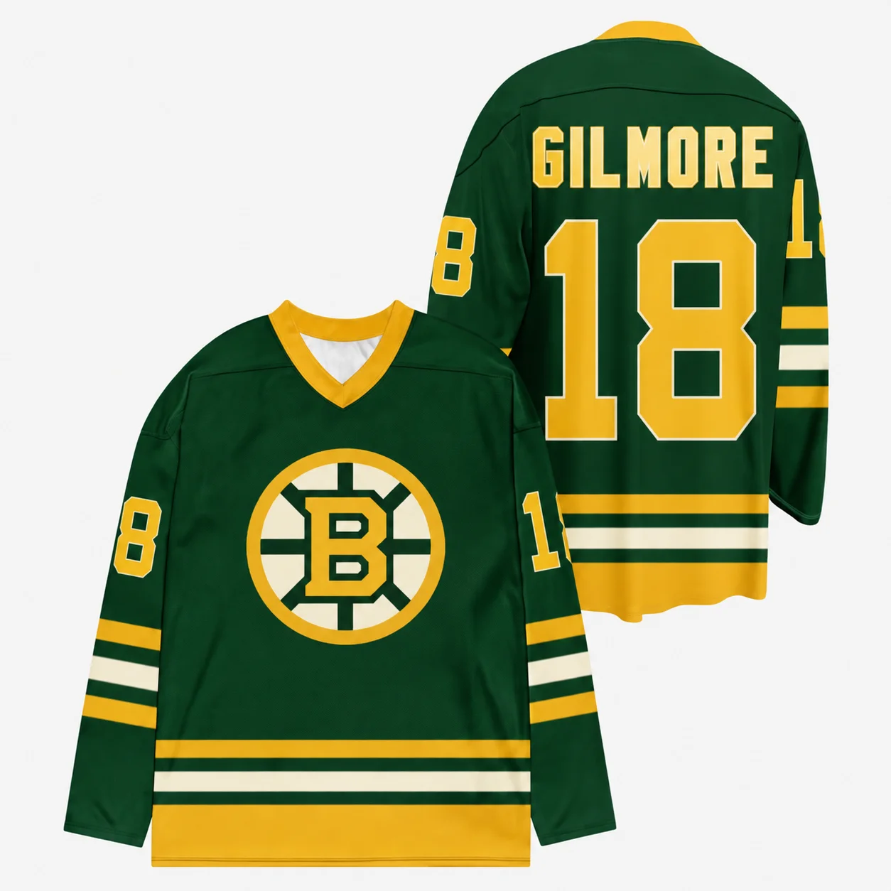 Happy Gilmore 2 Hockey-Trikot 18, V-Ausschnitt, langärmelig, schwarz-goldener Streifen, Boston Bruins-Stil, Unisex, für Männer und Frauen, Geschenk für Filmfans. – Detail 4