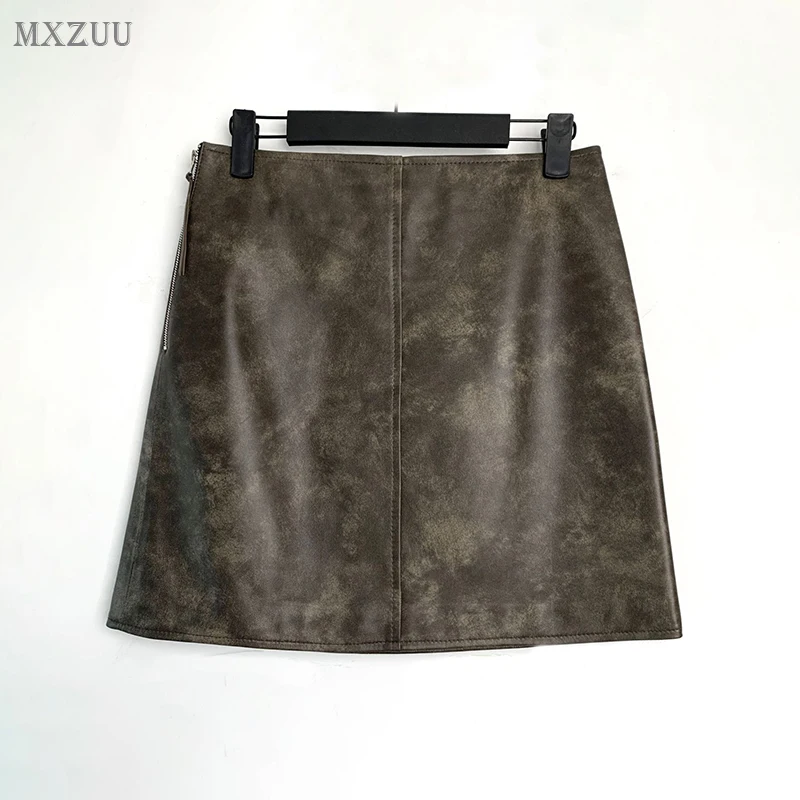 Leather Skirts Woman 2024 Trend Autumn Retro Rubbing High Waist Short Skirt Sheepskin Slim Hot Girl A-Line Wrap Hip Faldas Mujer