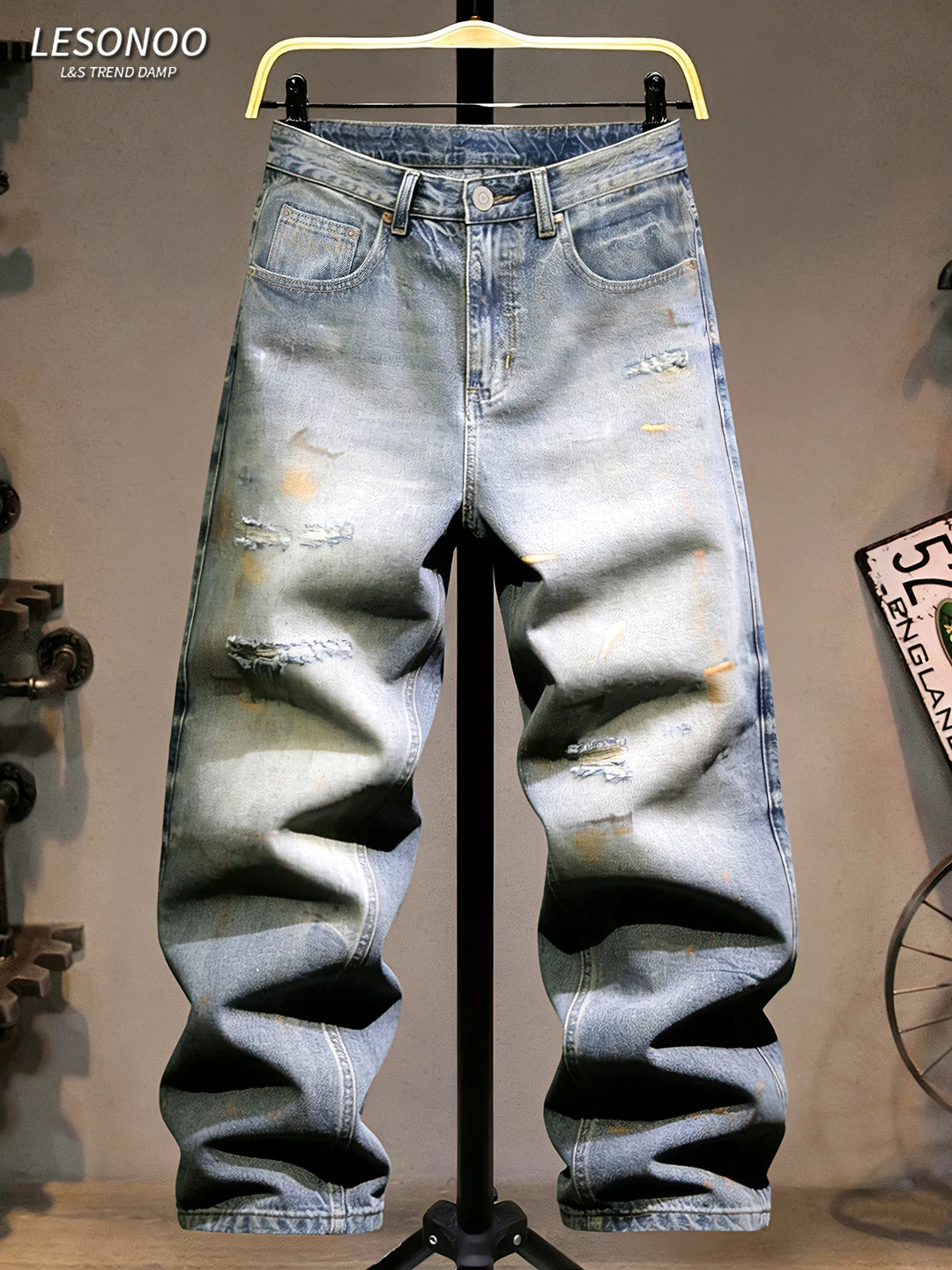 

Trendy Men's Jeans 2026 Hole Punching Straight Leg Loose Fit Casual Pants Versatile Cool Sle Urban Faion Cotton Polyester...