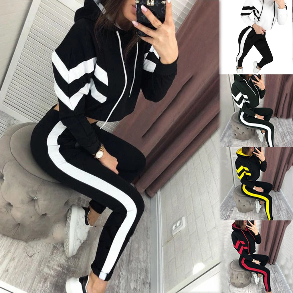 

Women's Spring Autumn ort Crop Top Sweatirt Set Two Pieces Casual Sportswear Polyester Fabric Belly Baring Outfit