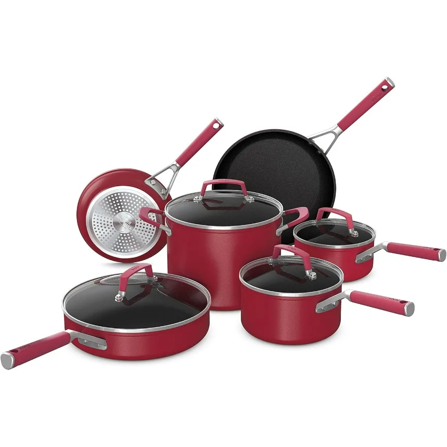 

C29500 Foodi NeverStick Vivid 10Piece Cookware Set with Lids Nonstick Durable Oven Safe to 400F CoolTouch Handles Crimson Red