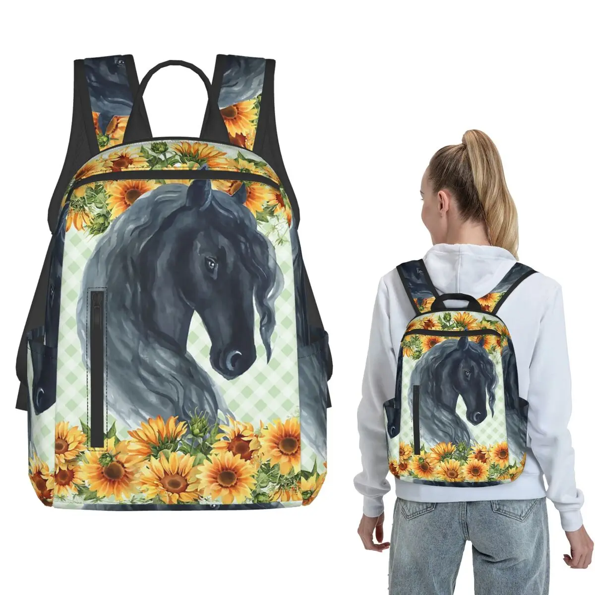 

Flowers And Horse Watercolor Painting Backpack Daypack Children BookBag School Bag Shoulder Bags for Men Women