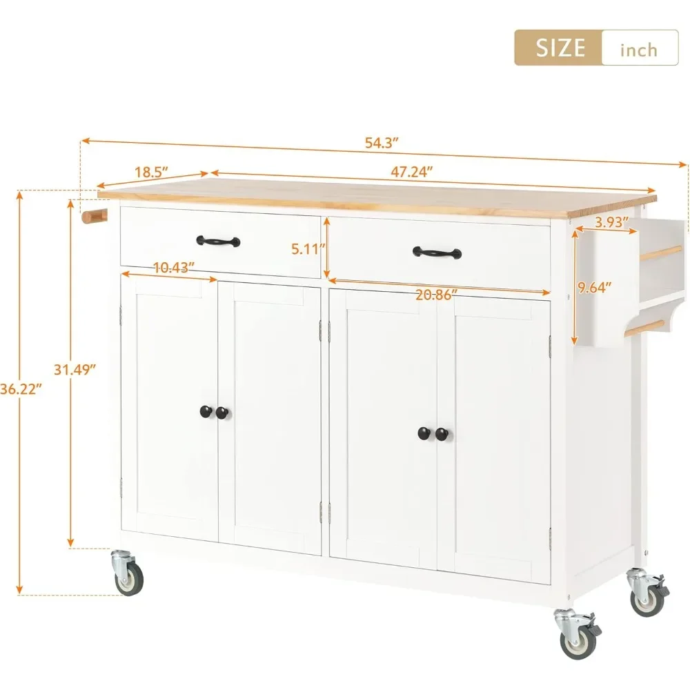 Rolling Kitchen Island on Wheels, Kitchen Island with Solid Wood Top, Large Kitchen Island Cart with Storage