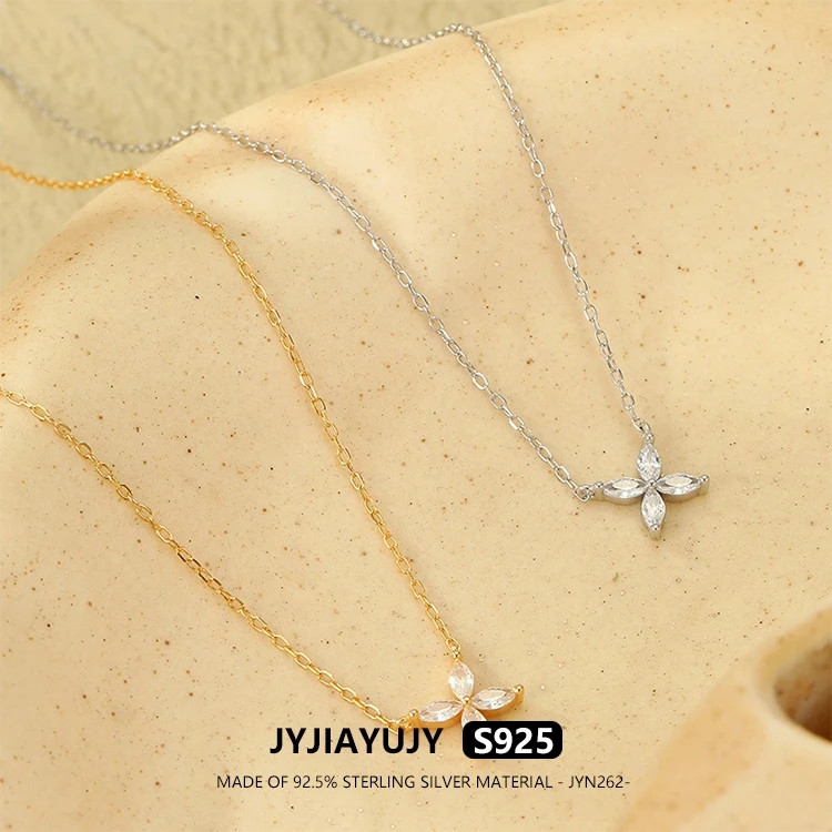 

JYJIAYUJY 100% Whole Original Sterling Silver S925 45CM Necklace Chain 7MM Four Leaf Zircon Fashion Woman Jewelry Gift JYN262