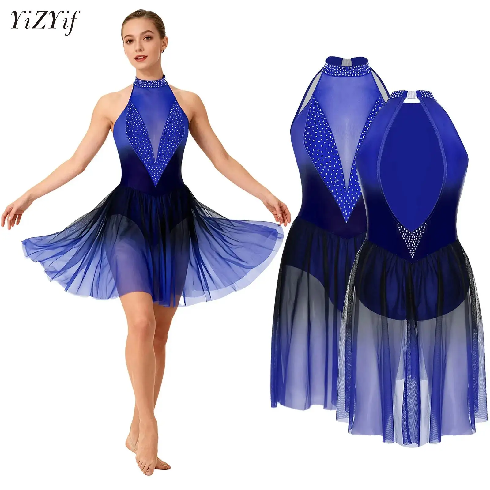

Shiny Rhinestones Gradient Color Ballet Dance Women Leotard Tutu Dress Figure Skating Lyrical Modern Dance Performance Dancewear