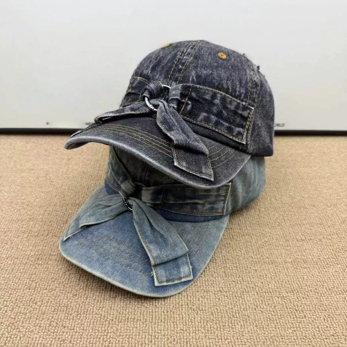 European and American-style Women’s Bow-tie Denim Baseball Cap: Unique Washed and Distressed Sun Hat with A Soft, Retro Brim