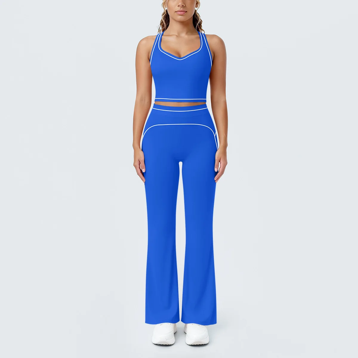 2 Piece Yoga Set Gym Clothing Women Fitness Suit Workout Tracksuit Running Sportswear Outfits Contrast Piping Flare Pants Shorts