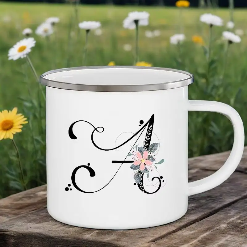 Letter Flower Mugs Wedding Creative Coffee Wine Cups Drinks Dessert Milk Juice Cup Enamel Mugs Handle Drinkware Bridesmaid Gifts