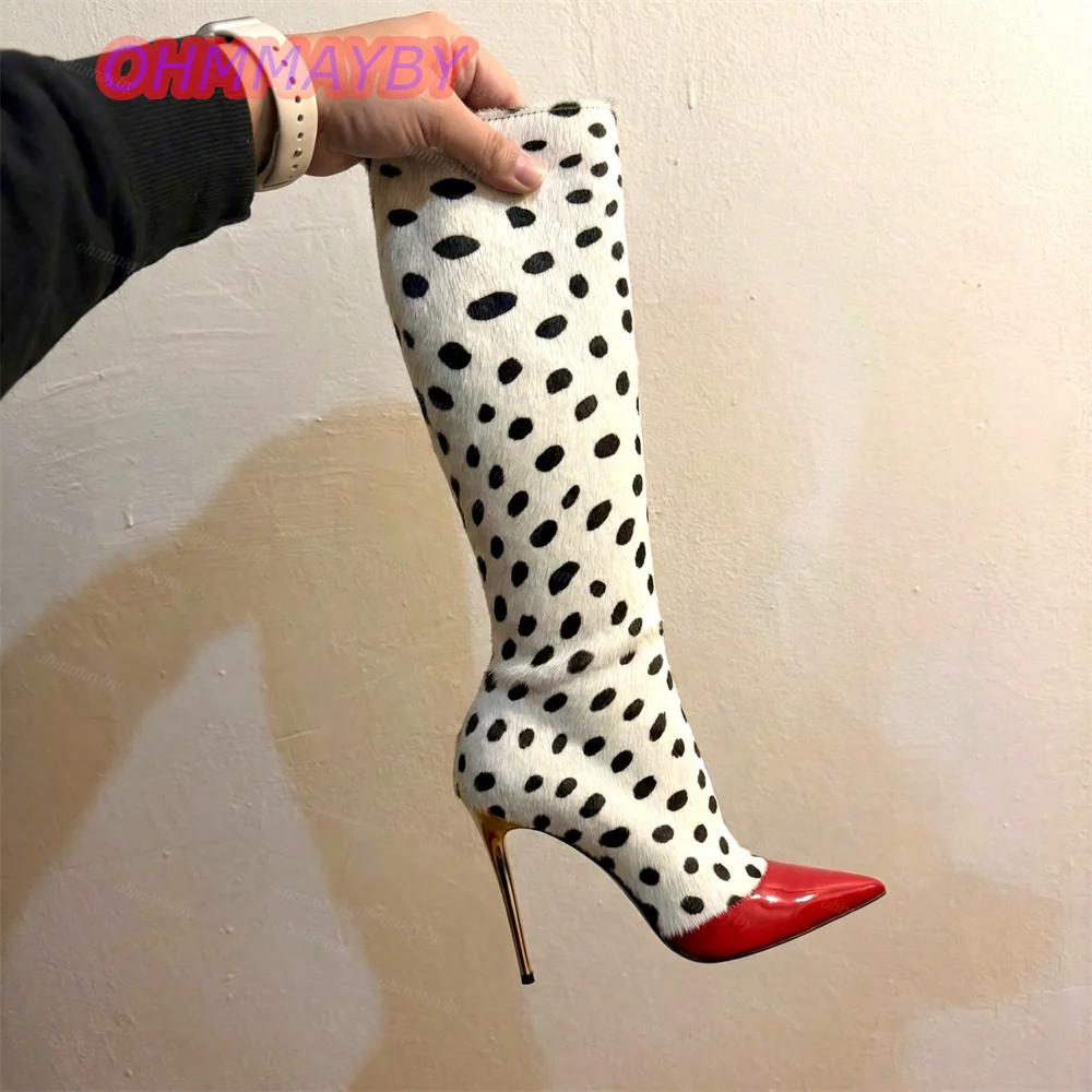 Women Knee High Boots Polka Dot Faux Horse Hair Pointed Toe Metal Stiletto Heel Glossy Ladies Fashion Evening Dress Tall Boots - view 2