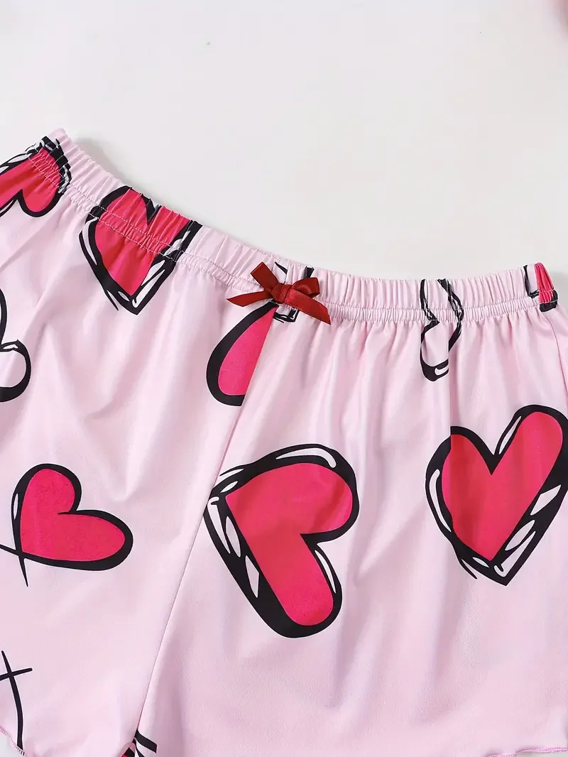 Summer Women\'s Sexy Pajamas Set Heart Print Sling Sleepwear V-Neck Pyjamas Sleeveless Cute Top and Shorts Loungewear