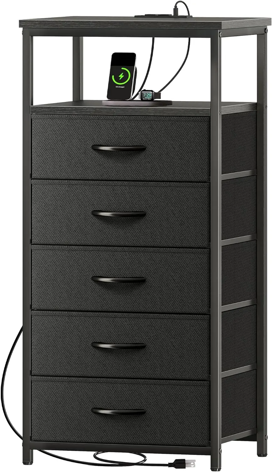 Huuger 5 Drawers Dresser with Charging Station, Dresser for Bedroom, Tall Night Stand, Chest of Drawers with Open Shelf, Bedside