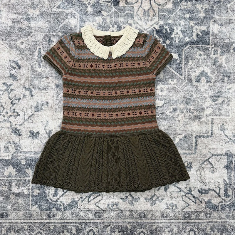 

Girl's Vintage Knit Dress, Peter Pan Collar Short Sleeve A-line Ruffle Hem Casual Dress for Kids 2026 Spring Summer