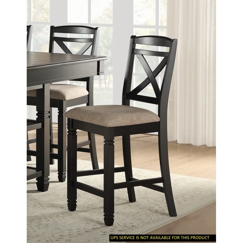 2pcs Dinging Chairs, Transitional Style Dining Counter Height Chairs, Black Finish Wood Beige Fabric Seat, Dining Room Furniture