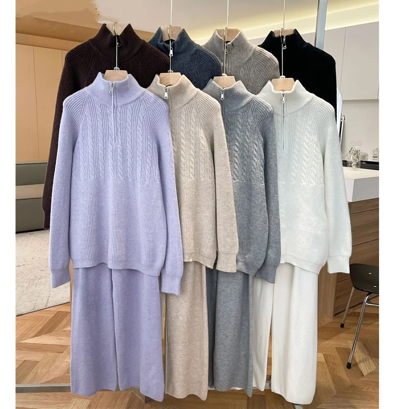 

2 Two Piece Sweater Pants Suits Thick Autumn Winter Zipper Loose Casual Twist Knitted Tops Wide Leg Sets